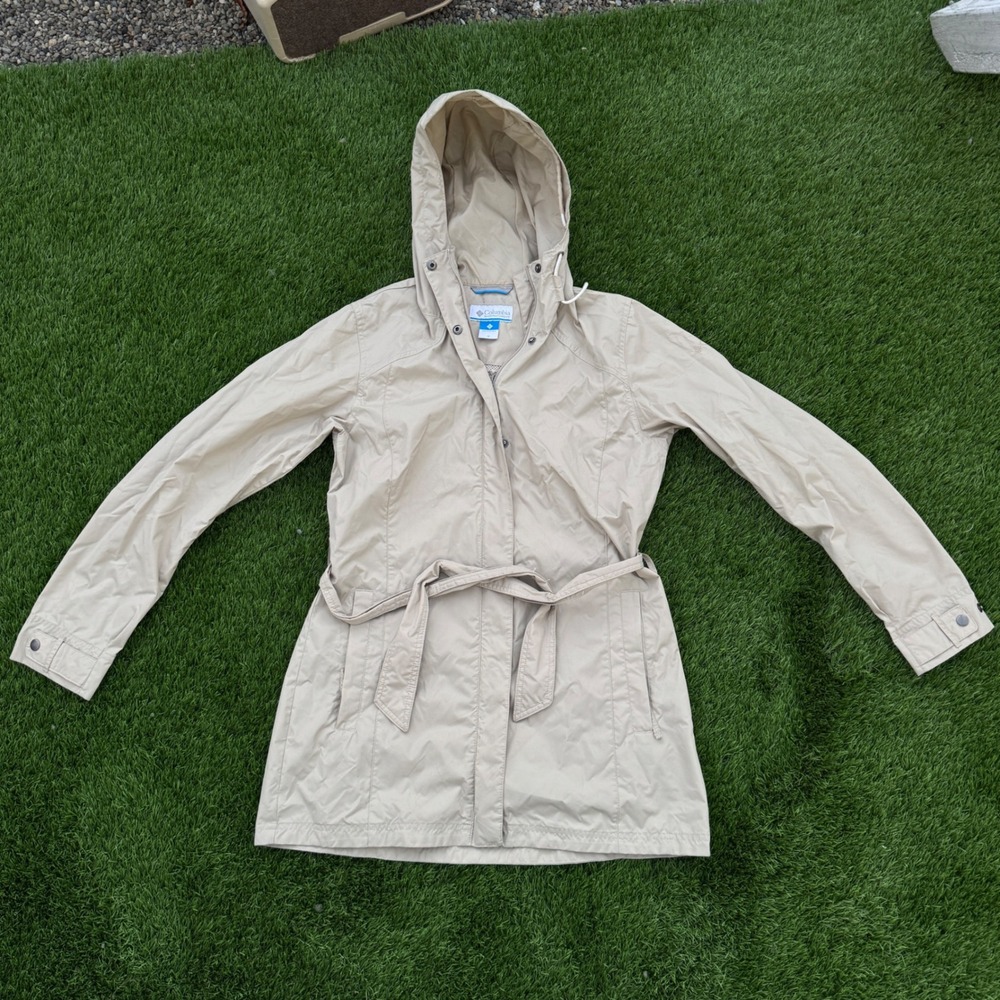 Columbia Womens M Tan Omni-Shield Hooded Belted Trench Rain Coat RL2148